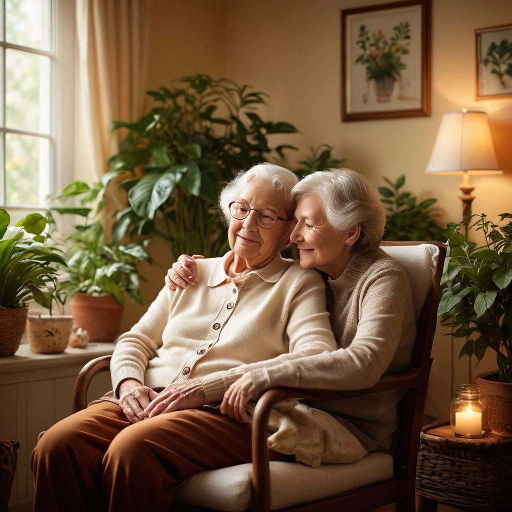 A warm-hearted scene depicting a caregiver gently embracing an elderly person in a cozy home environment, surrounded by symbols of compassion like hearts and gentle greenery. Soft, inviting lighting casts a serene glow, reflecting emotional connection and support. The background showcases various caregiving elements such as a comfy chair, family photos, and a small indoor garden. super-realistic. warm colors. soft focus.