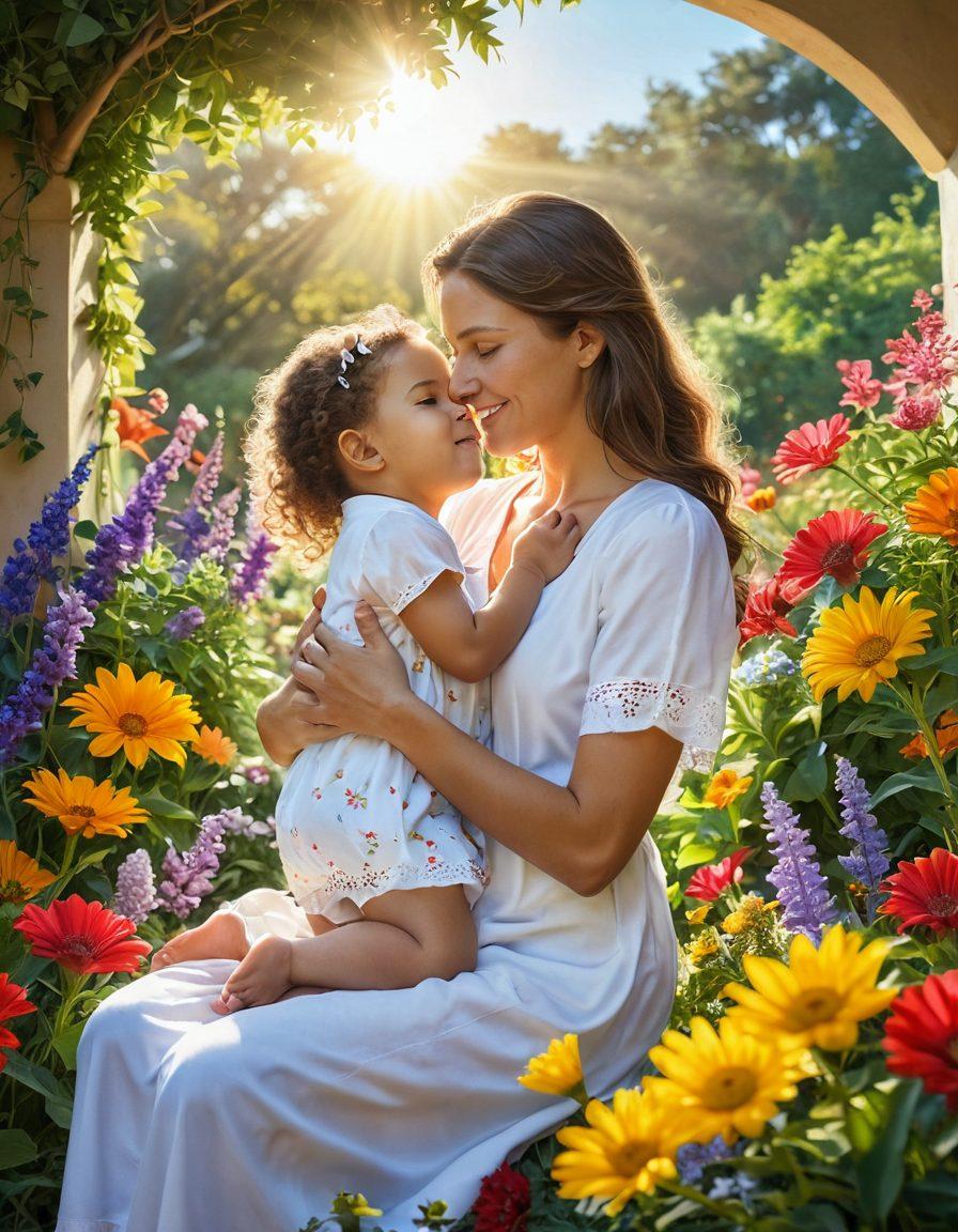 A warm-hearted caregiver embracing a joyous child under a bright sun, surrounded by lush greenery and colorful flowers. The scene captures the essence of compassion and support, with symbols of holistic wellness like essential oils and herbal remedies artfully arranged nearby. Light radiates from a glowing heart, symbolizing empowerment and love. vibrant colors. super-realistic.