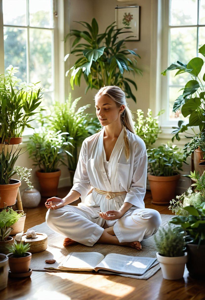 A serene caregiver meditating in a sunlit room surrounded by plants and wellness tools, embodying mental and physical tranquility. Soft focus on healing crystals, herbs, and an open journal filled with wellness strategies. Include a gentle sunlight filter illuminating the space, creating a peaceful atmosphere. Super-realistic. Vibrant colors. Soft textures.